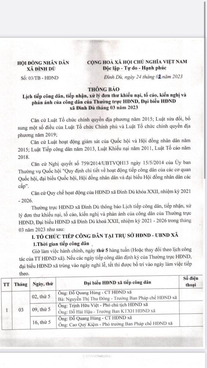 HĐND xã Đình Dù thông báo lịch tiếp công dân tháng 03 năm 2023